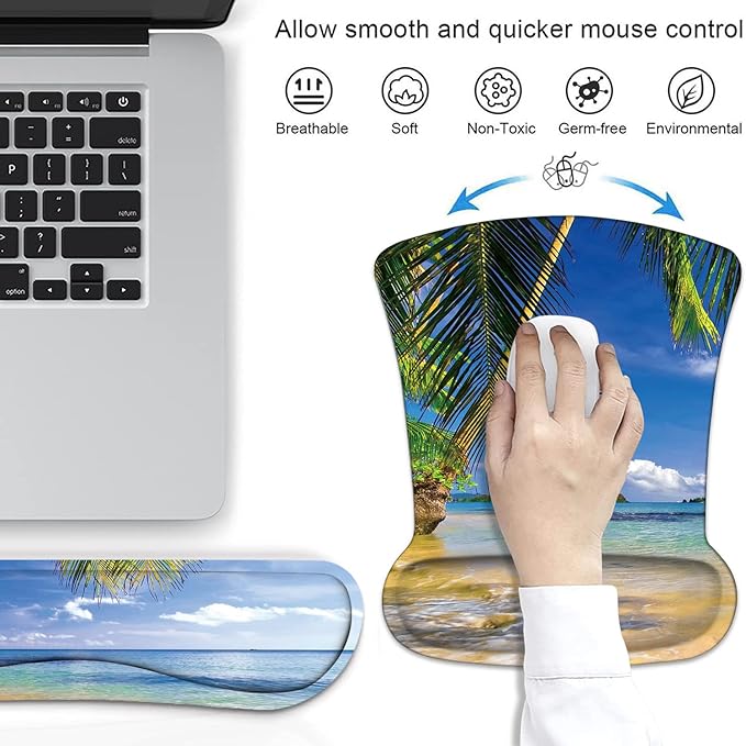 Ergonomic Mouse Pad Wrist Support and Keyboard Wrist Rest Set with Coasters, Non-Slip PU Base, Easy Typing and Relieve Wrist Pain, Perfect for Home Office Working Studying, Shore Palms Tropical Beach