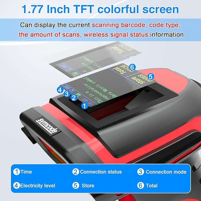 Symcode 2D Industrial Barcode Scanner with Charging Stand and Screen, 433Mhz 2-in-1 Bluetooth Wireless Hands-Free Barcode Reader Rugged Heavy Duty 2000 Feet Transmission Distance for Large Warehouse.