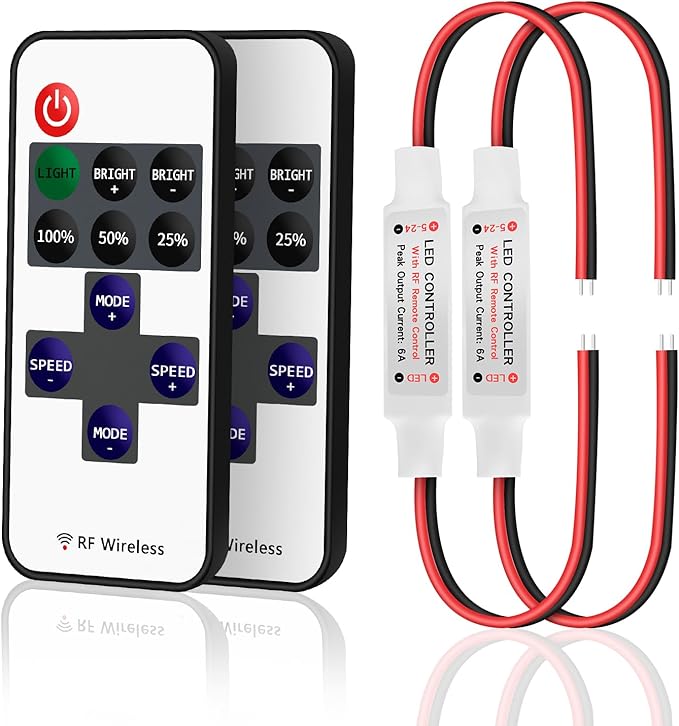 RGBZONE 2 Pack RF Wireless Remote Controller, DC5V-DC24V Single Color 5050 3528 5630 LED Strip Lights, Dimmer Controller Brightness & Effect Mode, RF Wireless Remote Control