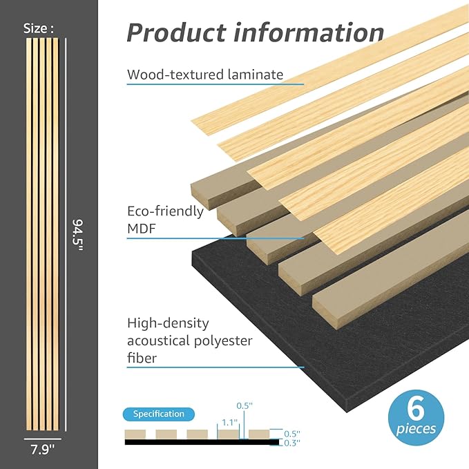 Art3d 6-Piece Wood Slat Acoustic Panels for Stylish Decor and Noise Reduction, 3D Textured Panel for Ceiling and Wall, Oak