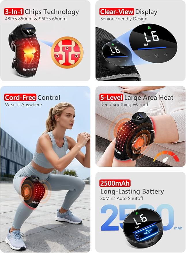 ROMISA Red Light Therapy Knee Brace with Heat & Massage, Cordless Rechargeable Controller, 20Min Auto Timer, 660nm & 850nm Near Infrared Light Therapy Device for Knee/Elbow/Shoulder, for Women Men.