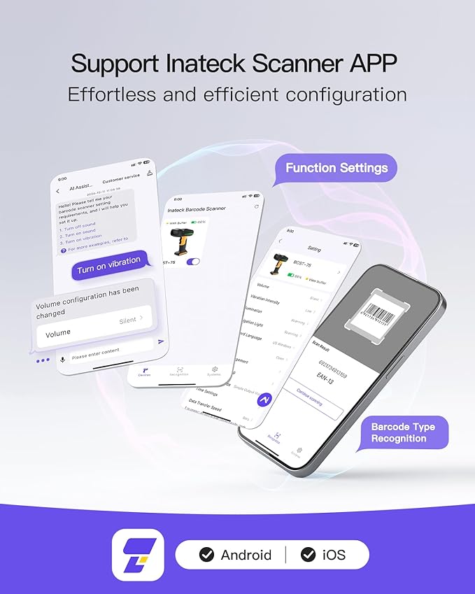 Inateck Industrial Barcode Scanner Bluetooth, 1D 2D QR Code Scanner Wireless with IP67 Waterproof and Dustproof, Handscanner with App & SDK, BCST-75
