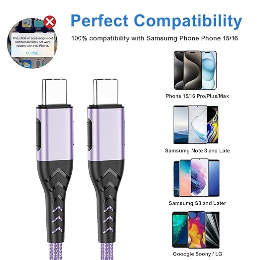 Durcord USB C to USB C Cable, 2Pack 100W 10ft USB C Charger Cable Fast Charging for Android/Phone/Pad, Type C to Type C Charger Braided USB Cable Compatible with Phone 16/15 Pro Plus Max Purple