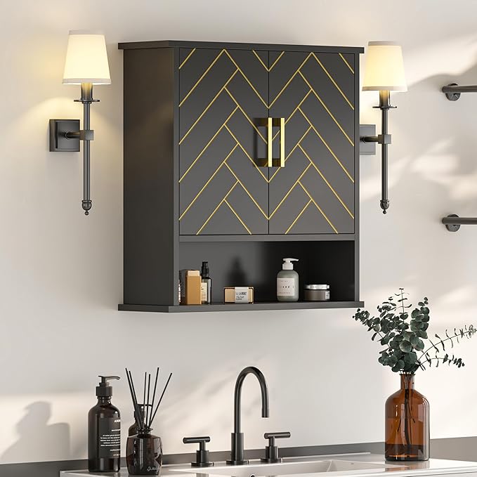 Black Chevron Pattern Bathroom Wall Cabinet, Modern Hanging Medicine Cabinet with Gold Hardware, Space-Saving Over Toilet Storage Organizer (23 5/8" x 22 7/8" x 7 1/8")