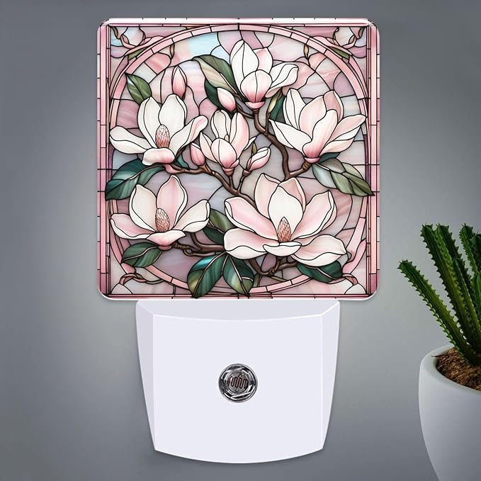 PODMemory Magnolia Stained Glass Night Lights Plug into Wall for Room, Magnolia Night Light LED for Bedroom