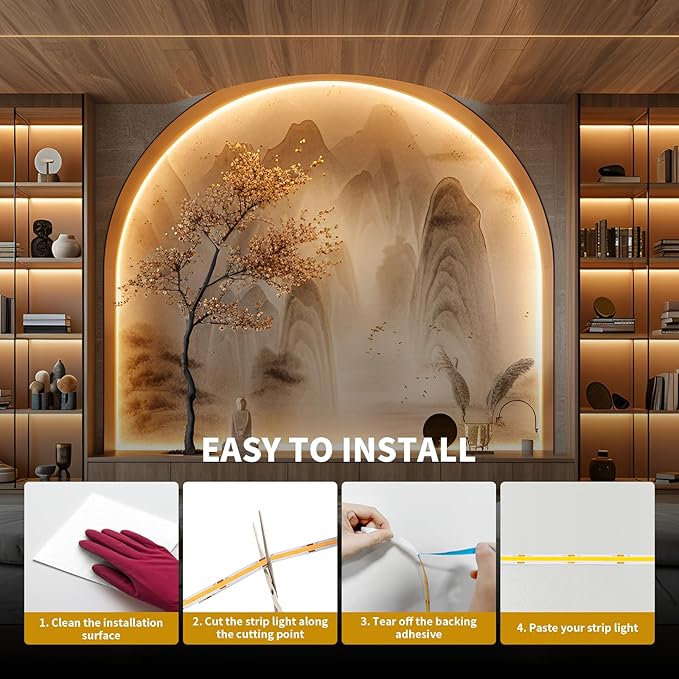 BUNACET COB LED Strip Lights, Bright COB LED Lights 20ft LED 3000K Cool White Dimmable LED with RF Remote Under Cabinet Lighting for Bedroom Counter Kitchen