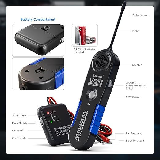 VDIAGTOOL V210 Wire Tracer Electrical Automotive Open & Short Finder Circuit Tester Circuit Breaker Finder Fault Probe Wire Tracker Electrical DC 6-42V