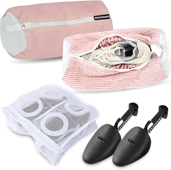 Wash Express Shoe Cleaning Kit: Shoe Washing Bag (2pcs), Mesh Laundry Bag for Shoe Dryer and Adjustable Shoe Trees (5 pc kit)
