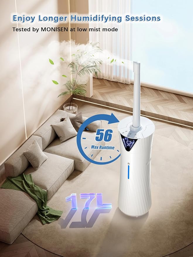 MONISEN 17L/4.5Gal Humidifier Large Room, Smart Quiet Ultrasonic Cool Mist Humidifiers for Bedroom, Covers 2000ft², 56H Runtime, 24H Timer, 3 Mist Modes Humidifiers for Home, Office, Plants, White