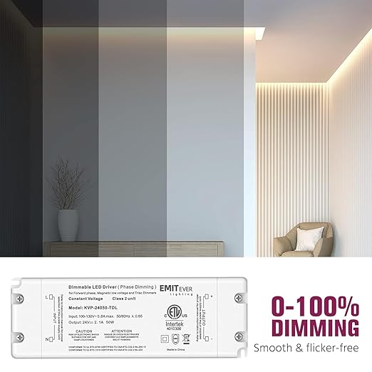 EMITEVER Triac Dimmable Driver,2 Packs 50W Power Supply,AC 120V to DC 24V Transformer,Compatible with Lutron and Leviton Dimmers,for LED Lighting,Class 2,ETL Certified