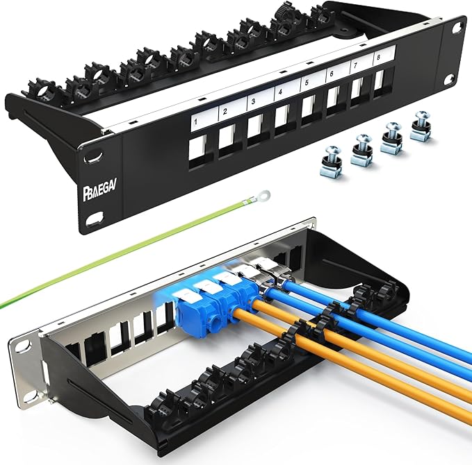 PBAEGAV 8 Port Patch Panel Blank UTP/STP 1U 10“ Keystone Patch Panel with Cable Management and Support Bar Compatible with LC/SC/ST/FC/USB/HDMI Keystone Jack(8 Port)