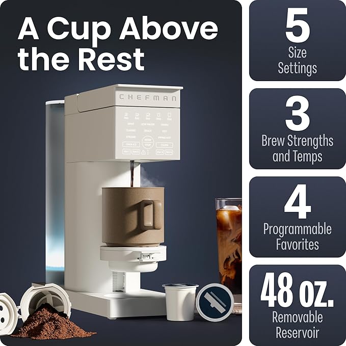 Chefman Caffeinator Single Serve Coffee Maker, Brew Kcups & Grounds, Drip Coffee Machine with Brew Strength Settings, Iced Coffee Function, 48 oz. Removable Water Reservoir