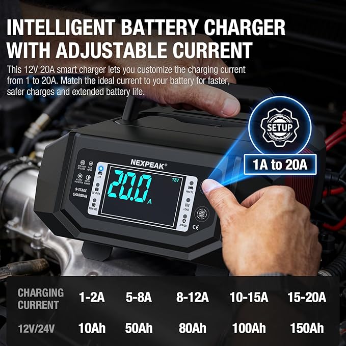 NEXPEAK 1-20A Battery Charger, Trickle Charger Car Battery Charger 12V 24V LiFePO4 Lead Acid Smart Battery Maintainer with Adjustable Current for Car Truck Lawn Mower Boat Marine