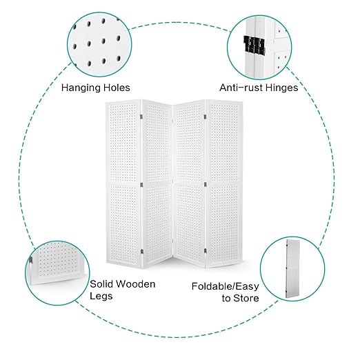 Babion 4 Panel Pegboard Display, Peg Board Room Divider Freestanding Folding Privacy Screens Pegboard Display Stand for Craft Shows (White)