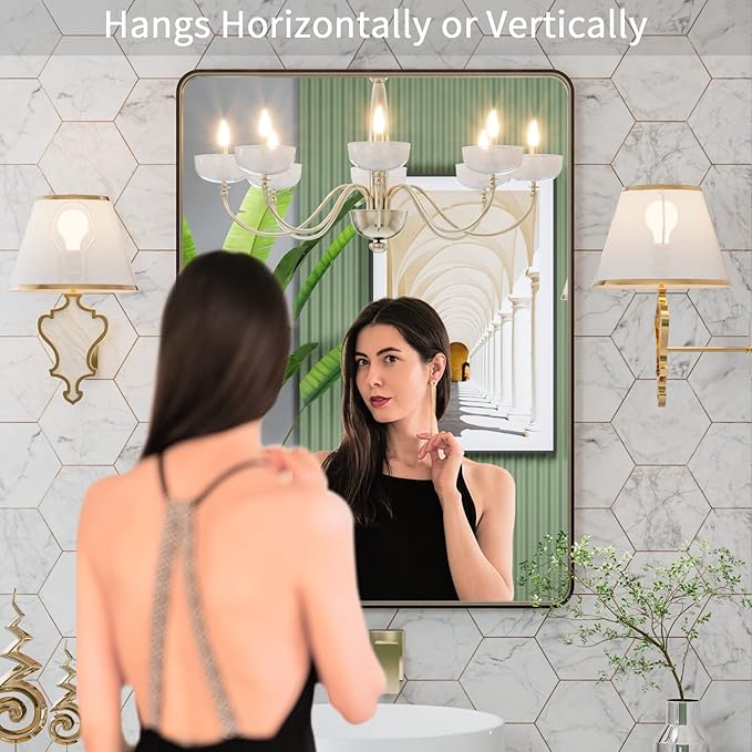 LOAAO 22”X30” Bronze Bathroom Mirrors for Vanity, Rounded Rectangle Brushed Bronze Metal Frame Mirror, Anti-Rust, Hangs Horizontally or Vertically