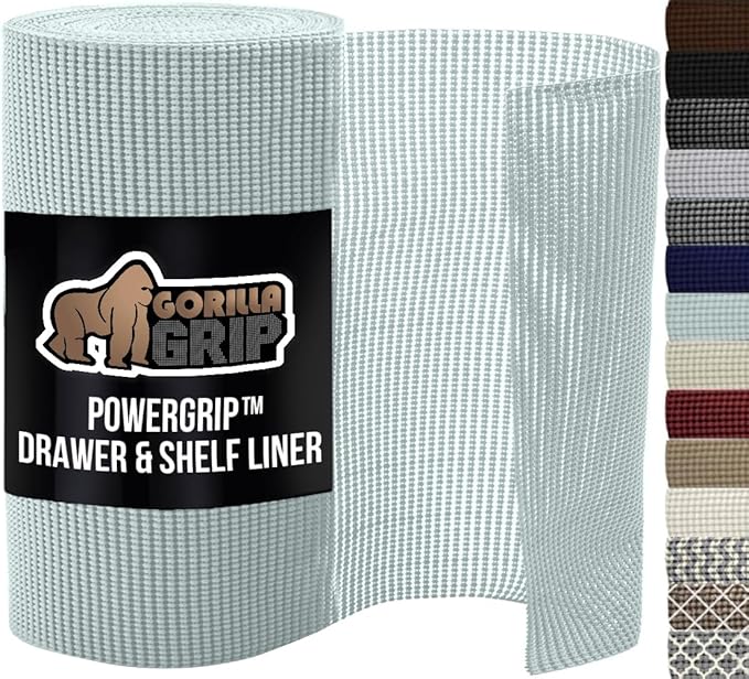 GORILLA GRIP powerGRIP Drawer Shelf and Cabinet Liner, Thick Strong Hold, Non-Adhesive Liners Protect Kitchen Cabinets and Cupboard, Bathroom Drawers, Easy Install, Breathable Mat, 12" x10', Spa Blue