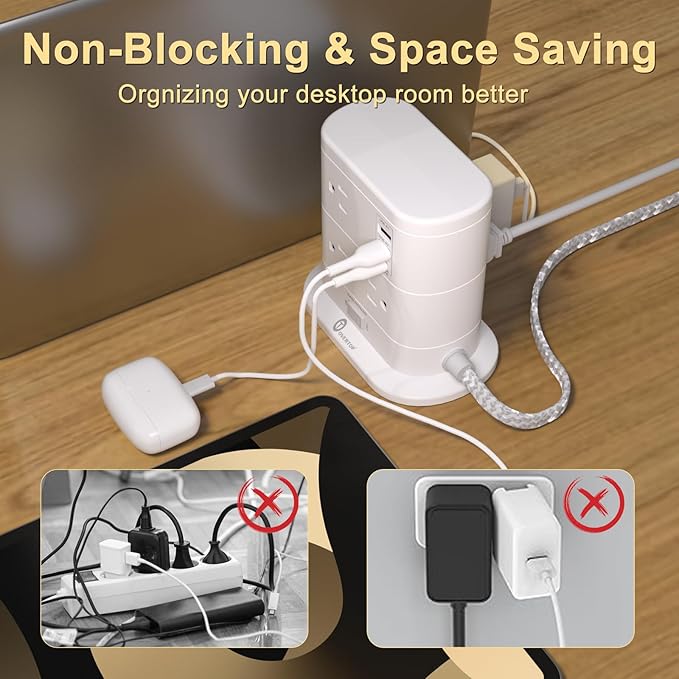 Overtop Tower Power Strip with Surge Protection, Nightlight Flat Plug Power Strip with 7 AC Outlets 3 USB Ports, 1625W/13A 1600J, 6.5Ft Extension Cord with Multiple Outlets, Office Supplies, Dorm