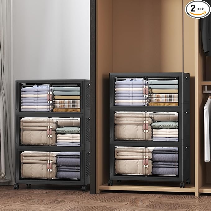 Extra Large Stackable Storage Bins with Lids & Wheels, 330QT-55QT/14GAL*6Pack Foldable Collapsible Closet Organizers Dark Storage Cabinet with Doors for Bedroom Dorm