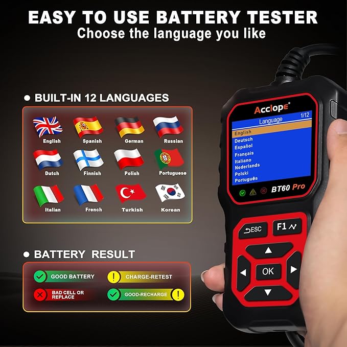 Acclope BT60 Pro Car Battery Tester with Cloud Printing,100-3000 CCA, Digital Analyzer for 6V/12V/24V Batteries, AGM Lithium Gel Battery Checker, Automotive Alternator System