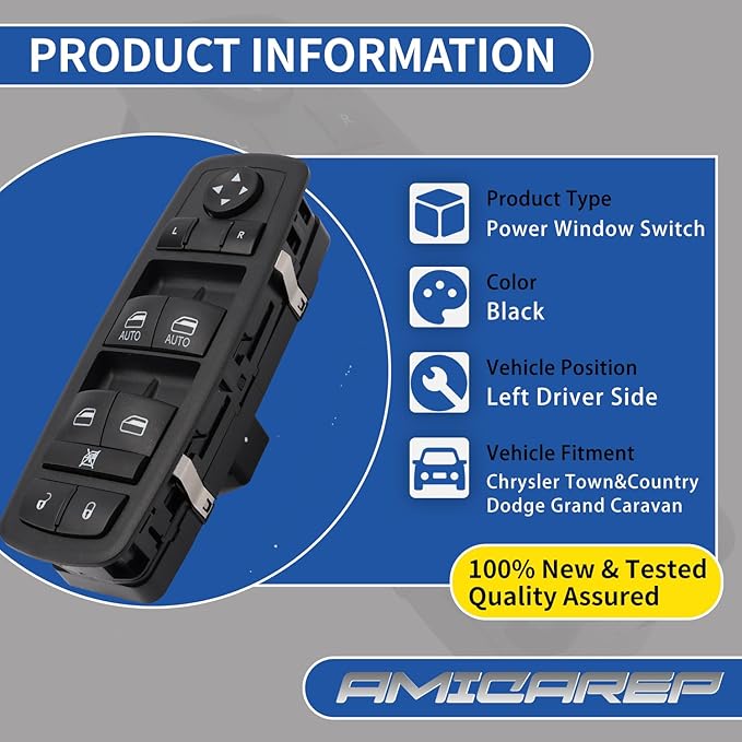 AMICAREP Master Power Window Switch Driver Side Compatible with 2012-2019 Dodge Grand Caravan Chrysler Town & Country 3+0 Pin Replaces# 68110871AA 68298871AA