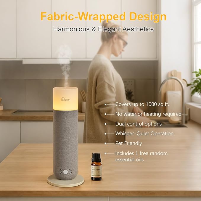 Hotel Collection Diffuser Machine,Fabric-Wrapped Design,Candlelight Atmosphere Lamp,Whisper-Quiet,1000 Sq Ft,Scent Waterless Essential Oil Diffuser,Scent Air Machine Home - Grey