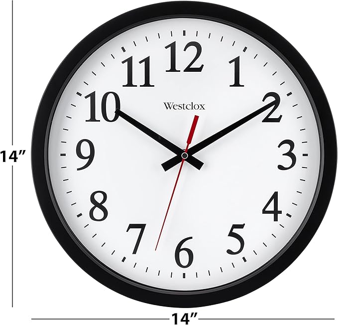 Westclox 14 Inch Round Office Wall Clock with Large Easy to Read Black and White Dial, Battery or Electric Powered, Quartz Accuracy, Glass Lens and Metal Hands, Analog Wall Clock