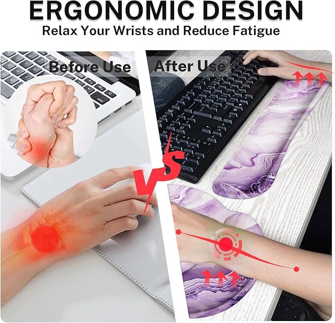 Britimes Purple Pink Marble Gold Keyboard Mouse Pad Set 4in1 Large Mousepad+Keyboard Wrist Rest+Mouse Wrist Rest+Coaster Ergonomic Design for Home Office Computer 35.4x15.7 inches