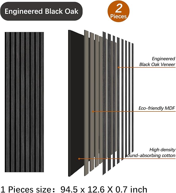 ARMURO Wood Panels for Wall - 2 Pack Black Panels for Wall Decor - Black Oak Wood Veneer Sound Absorbing Panel - Black Wall Panels 12.6" W x 94.5" L