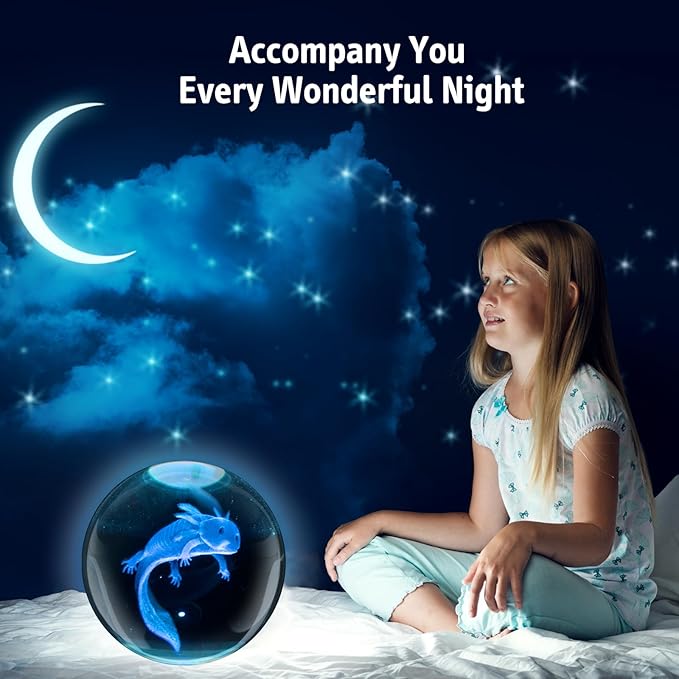 LQYHZCZQ 3D Axolotl Crystal Ball Night Light with 16 Color LED Wooden Base with Remote Control, 3.15 Inch Crystal Ball Night Light