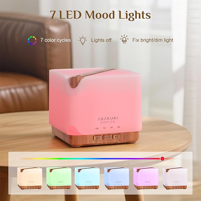 ASAKUKI Essential Oil Diffuser 700ml, Ultrasonic Aromatherapy Humidifier with Top 6 Essential Oils Set, 7 LED Colors, Timer & Auto-Off, Large Room Diffuser