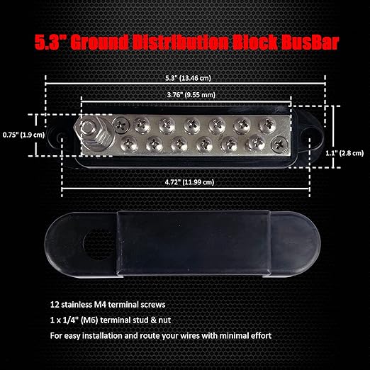 1/4" Stud Power Distribution Block Bus Bar with 12 x #8 Screws, Ampper 5.3" 12V 150A Marine BusBar Battery Distribution Block W/Cover for Car Audio Boat Solar (Black)