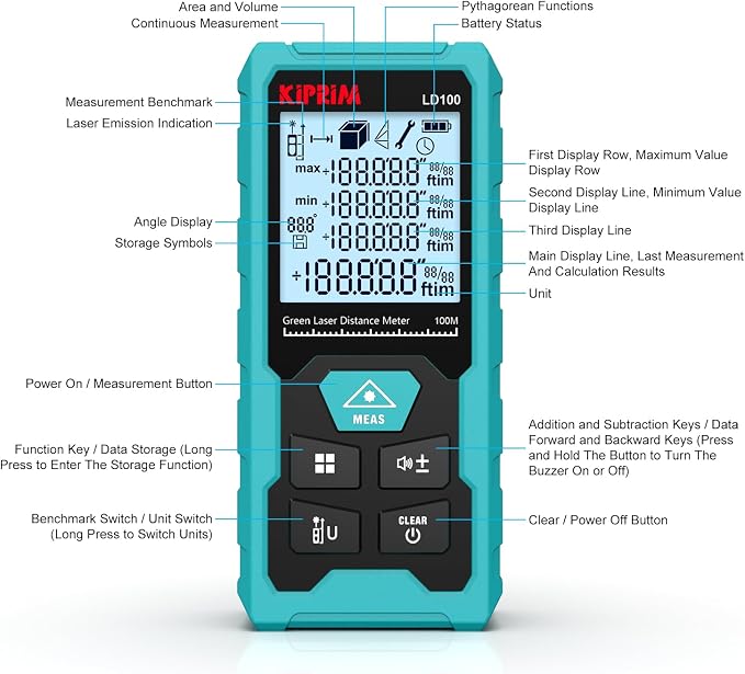 Kiprim Green Laser Distance Meter, 328ft Measuring Tool - Image 2