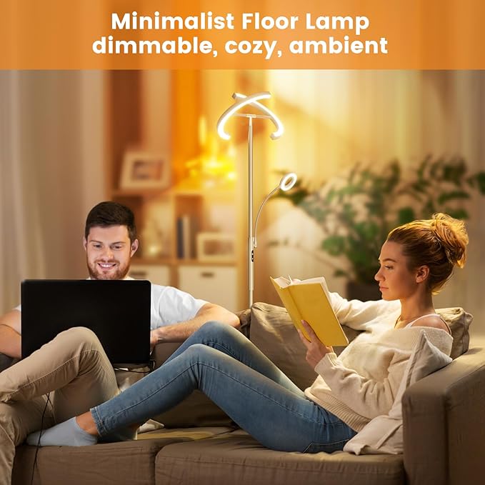 SIBRILLE 2-in-1 Dimmable Floor Lamp with Reading Light - Rotatable Standing Lamp with Remote&Touch Control, Stepless Color Brightness Adustable, Modern Lamp for Living Room Bedroom Office, Silver