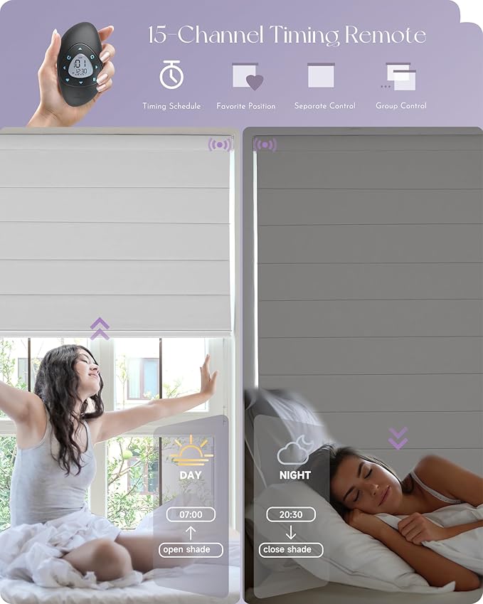 Graywind Smart Roman Shades Compatible with Alexa Google WiFi Hardwired Automatic Blinds with Remote Blackout Plain Fold Soft Roman Window Shades for Windows Doors, Custom Size (Matelasse White)