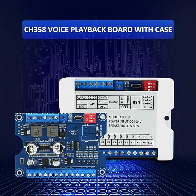 80W Vocie Playback Module,CH358D Low Lever Trigger 8MB DC 9-24V Sound Board with Case,Support USB Download,MP3 Hardware Decoding,10-Way Button One-to-One,8 Combined Playback for Industry Broadcast.