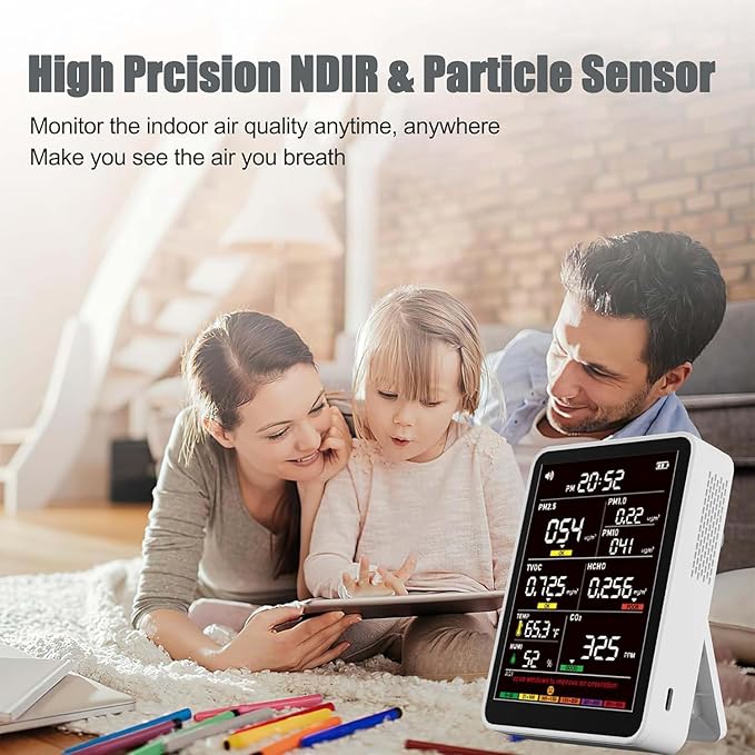 Professional Indoor Air Quality Monitor with AQI Alarms, Portable Real-Time Detector for Home Cars Plants and Pets (Cold White)