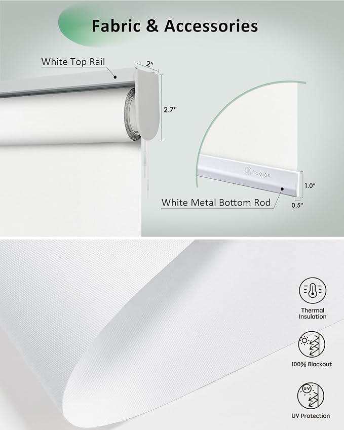 Yoolax Motorized Blinds App Control, Blackout Roller Shades for Windows, Cordless Automatic Shades Roller Window Blinds for Bedroom Living Room Office (Blackout Alpine White, 25" W x 72" H)