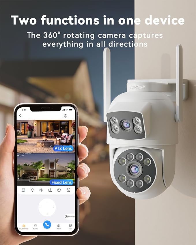 VORGUT Security Camera System Wireless Outdoor with 12" Monitor, 2pcs 2K Dual Lens Cameras for Home & Business Surveillance, 360° PTZ, 2.4G/5G WiFi, Human Detection, Auto Tracking, 16CH NVR, 500G HDD