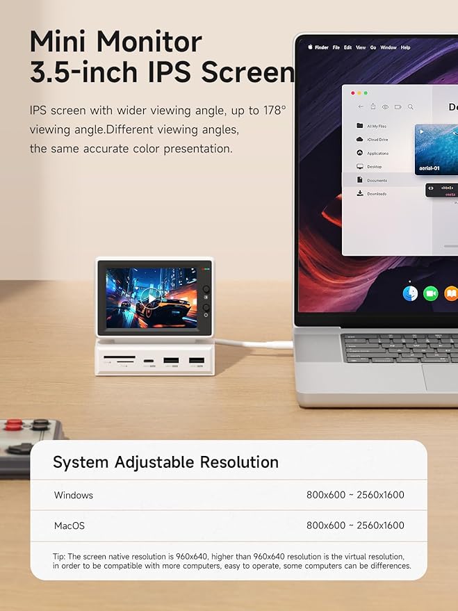 Hagibis 3.5inch IPS USB Mini Screen with USB C Hub, USB-C&HDMI Monitor AIDA64 Mini PC CPU RAM HDD Data Monitor Temperature Electronic Album Floating Lyrics Display Sub Screen for Laptop PC (960x640)
