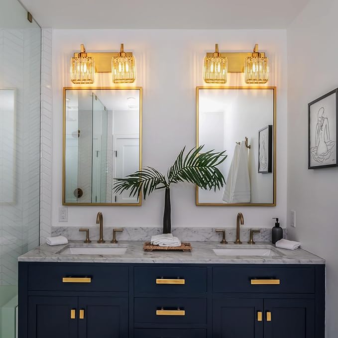 FDPBY Modern Bathroom Vanity Light 2-Lights Gold Crystal Wall Lamp Bathroom Modern Crystal Vanity Lighting