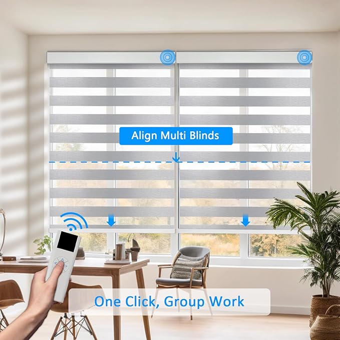 COOLWINDS Motorized Zebra Blinds for Windows Cordless Electric Curtains with Remote Control Blackout Shades Custom Smart Blinds Compatible with Alexa Google Home(Light Filtering Grey,W23 X 72in)