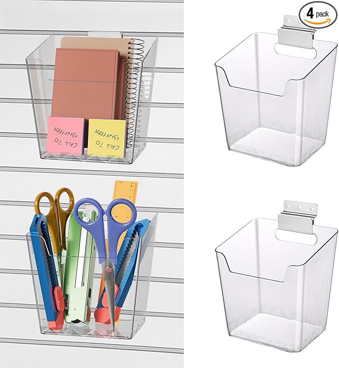 Clear Slatwall Bins, 4 Pack Slat Wall Accessories Cups Hooks Assemble Set Fit Most Slat Board Storage Systems Transparent Display Hanging Holder Organizers for Garage Shed Office Craft Tool (Medium)
