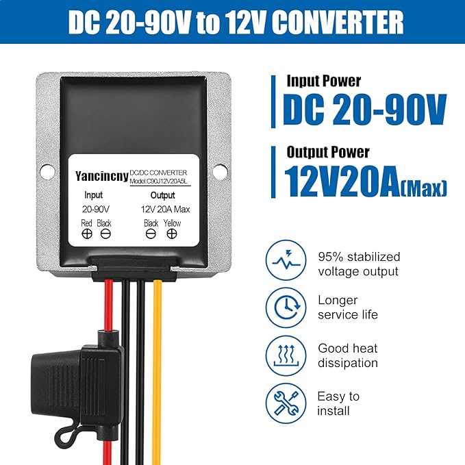 Yancincny 240W Dc-Dc Step Down to 12V Converter, DC 90V 72V 60V 48V 36V 24V to 12v Voltage Converter 20A Regulator Step Down to 12V dc Converter Reducer Power Supply Transformer Module for Golf Cart