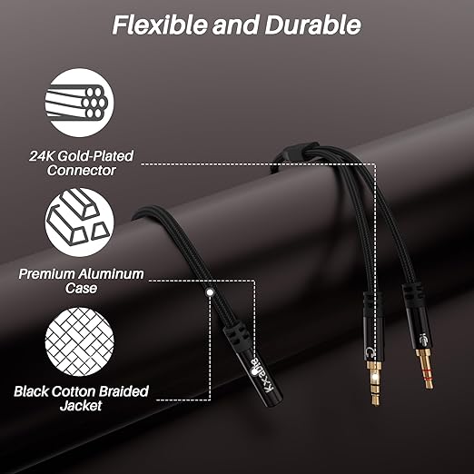 Kxable Headphone Splitter for Computer, 3.5mm Female to Dual 3.5mm Male Audio Splitter Cable, Stereo Jack Earphones Headset to PC Laptop Adapter, 1/8inch 2-in-1 Y Separator Aux Dongle Converters, 1FT