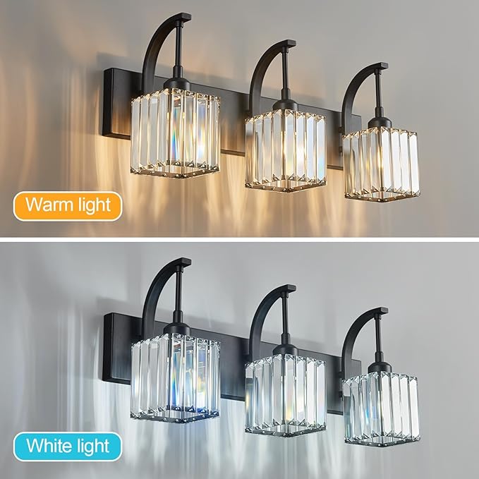 FDPBY Crystal Vanity Lights 3-Light Black Bathroom Vanity Lights Modern Crystal Bathroom Light Fixtures Over Mirror 23.62" Long Vanity Light for Bathroom