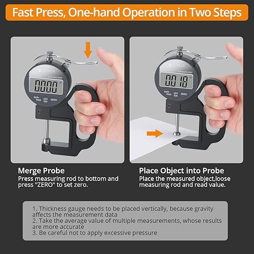 Neoteck Digital Thickness Gauge 1inch/25.4mm,0.0005inch/0.01mm LCD Display with Inch/MM Conversion One-Hand Quick Press Thickness Measuring Tool for Leather Paper Fabric Film etc.-Silver-Grey