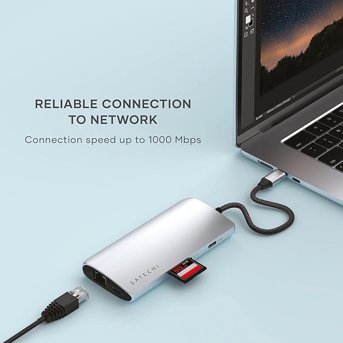 Satechi 8 in 1 USB C Hub Multiport Adapter V3, 8K HDMI, 100W Charging, 4 USB Data Ports, Ethernet, SD Card Reader, for Laptop, for Mac/Windows, MacBook Air/Pro M5/M4, iPad - Silver
