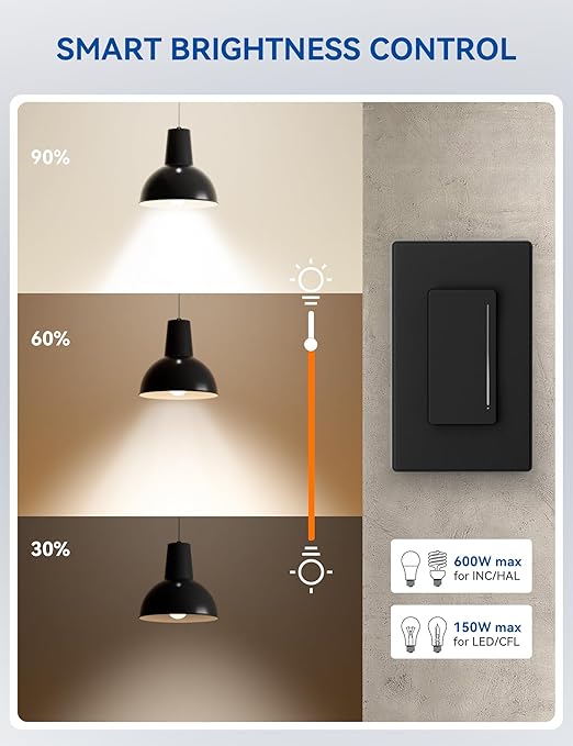 ELEGRP Smart Dimmer Light Switch DTR10, Single Pole Setup, 2.4GHz Wi-Fi Touch Dimmer Compatible with Alexa and Google Assistant, Needs Neutral Wire, No Hub Required, UL&FCC Listed, Black, 4 Pack