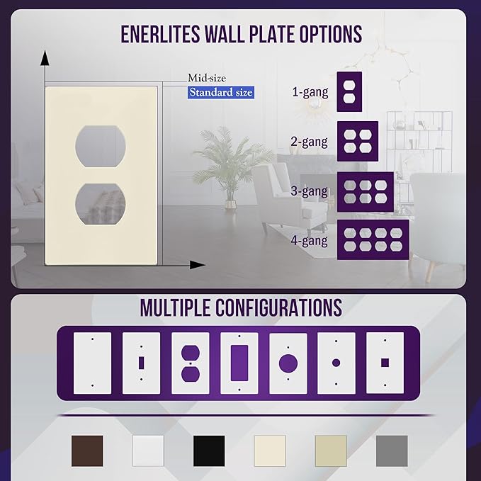 ENERLITES Duplex Outlet Receptacle Cover, Screwless Wall Plate, Standard Size, 1-Gang 4.68" x 2.93", Unbreakable Polycarbonate Thermoplastic, UL Listed, SI8821-LA-10PCS, Light Almond, 10 pack