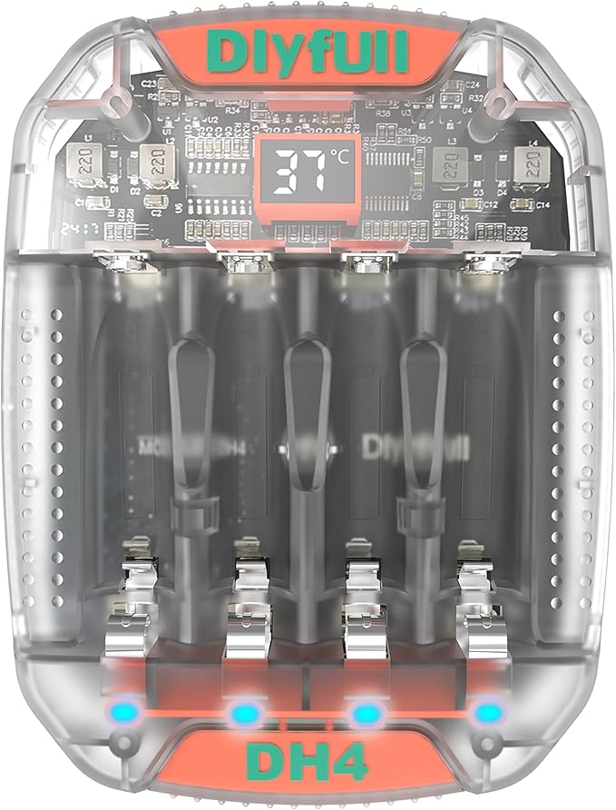 Dlyfull 4 Bay AA AAA Battery Charger with Temperature Monitoring, Independent Slots for 1.5V Lithium & 1.2V NiMH NiCd Rechargeable Batteries, Cable Included